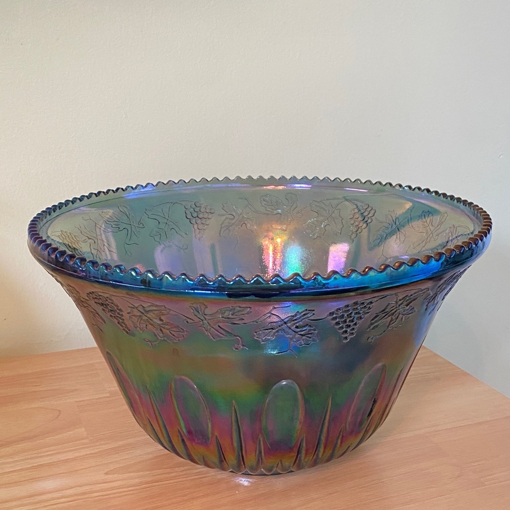 Iridescent Carnival Glass Decorative Punch Bowl Blue Green - Picture 2 of 15